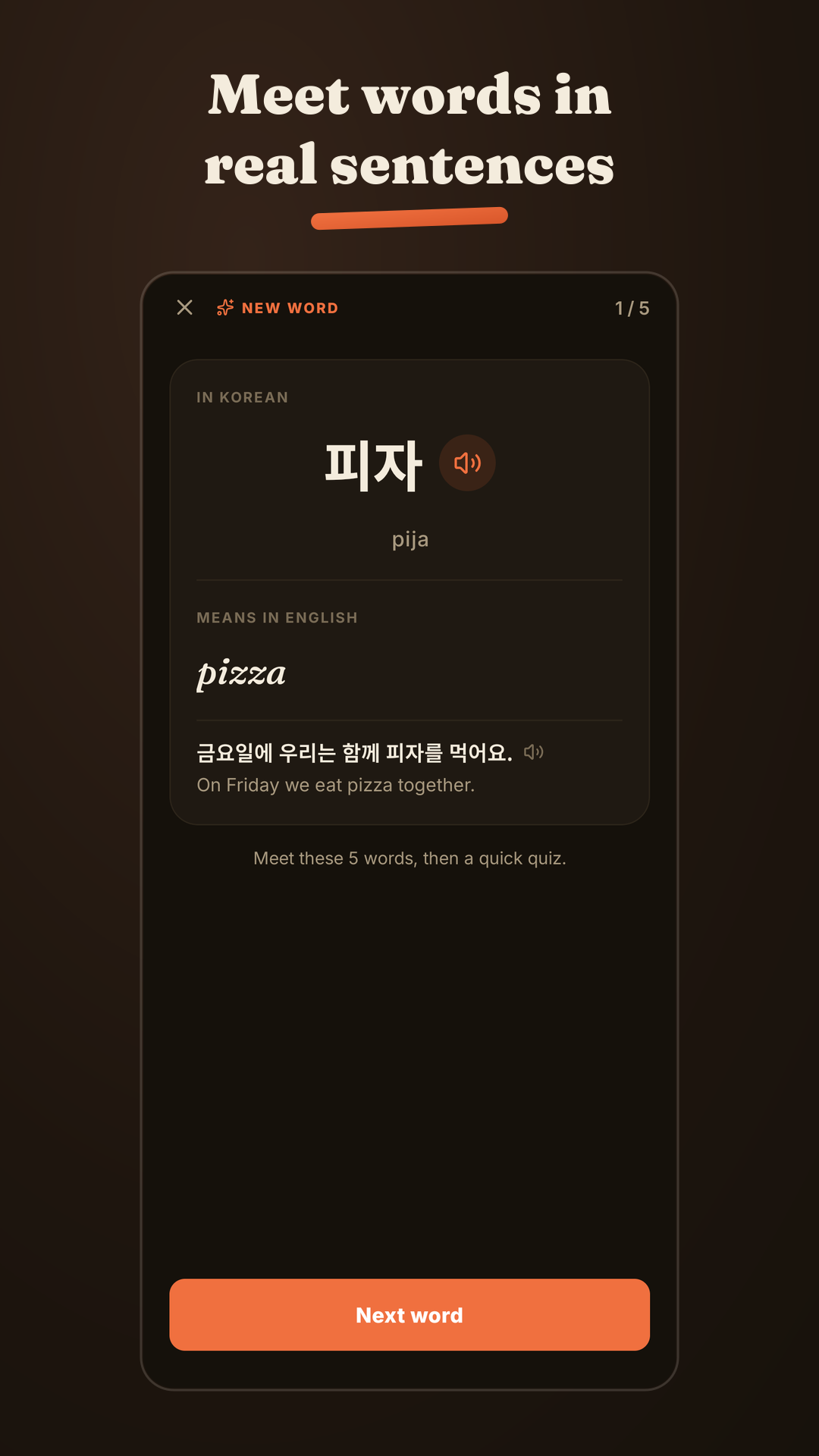 A Vokai lesson introducing a Korean word in a real sentence