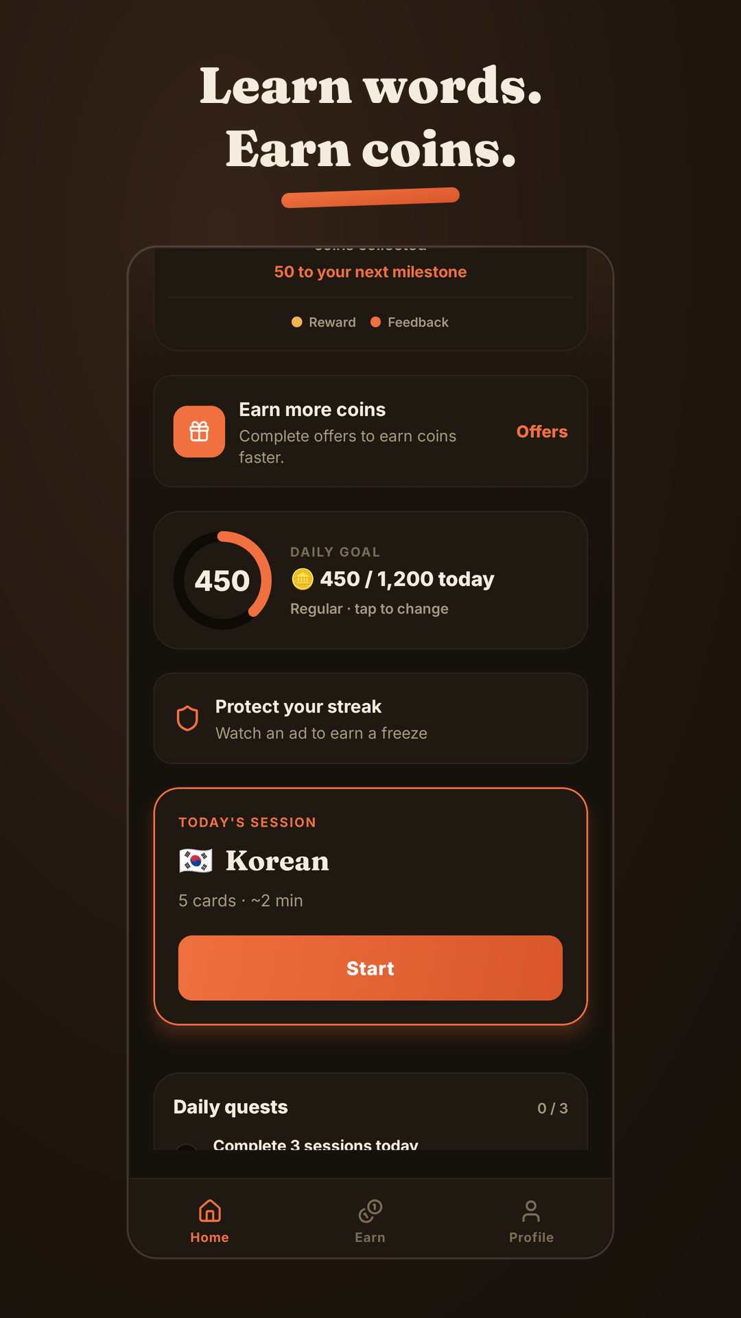 Vokai home screen showing the day's vocabulary lesson